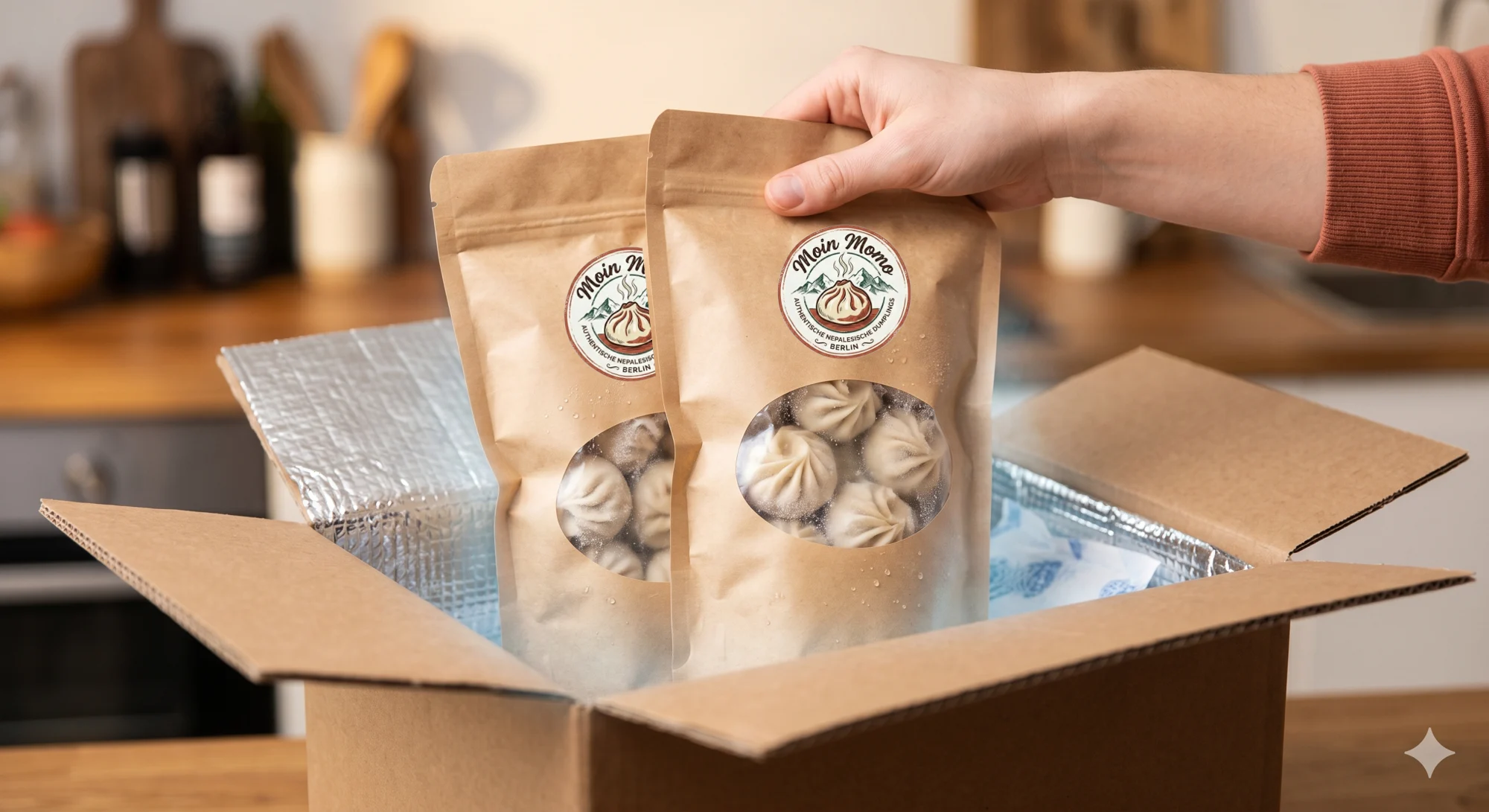Tiefgekühlte Momo-Verpackung in Lieferbox